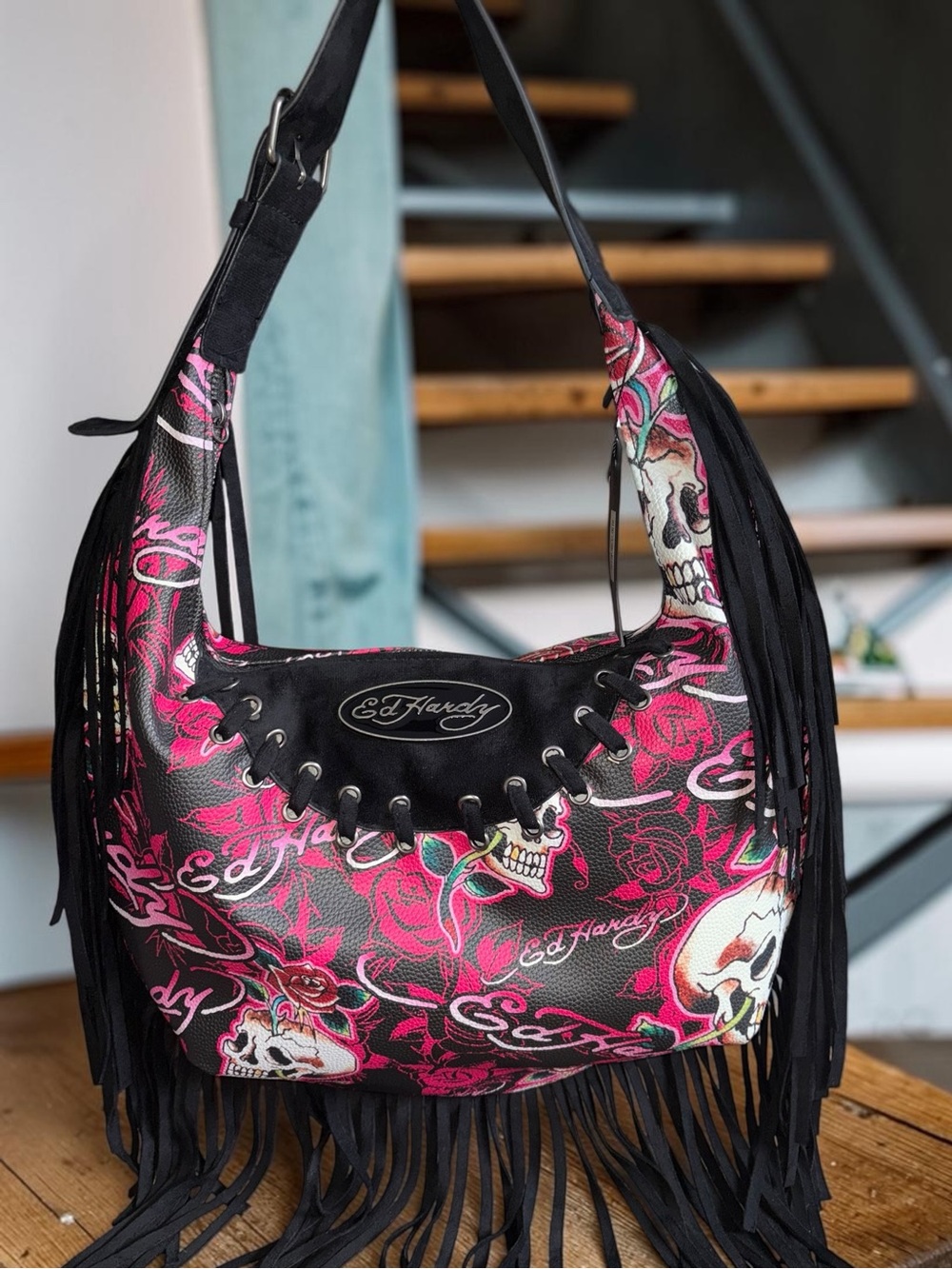 Ed Hardy Pink & Black Skull Rose Tattoo Fringe Hobo Shoulder Bag
